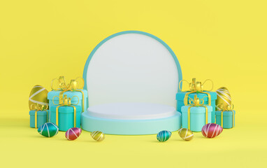 Blue podium with gift boxes and painted eggs on a yellow background. 3d render illustration