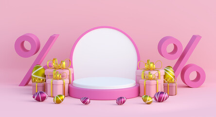 Pink and white podium with pink background and Easter eggs. 3d render illustration