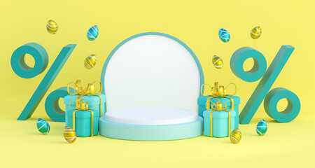Blue and white podium with blue background and Easter eggs. 3d render illustration
