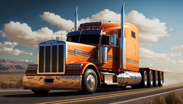 Orange semi truck on highway at sunset, generative ai