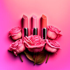 Obraz na płótnie Canvas Pink lipstick in pink flowers.