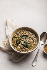 assiette de soupe de lentilles au lait de coco curry et épinards