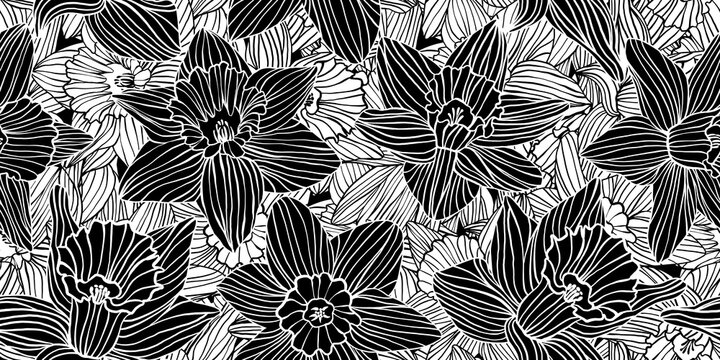 Seamless trendy hand drawn black and white daffodil flowers woodcut silhouettes and doodle outlines pattern. Elegant bold monochrome spring floral textile or wrapping paper line art linocut design.