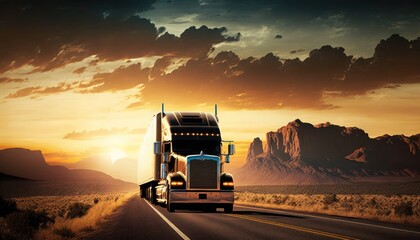 Semi truck on highway at sunset, generative ai