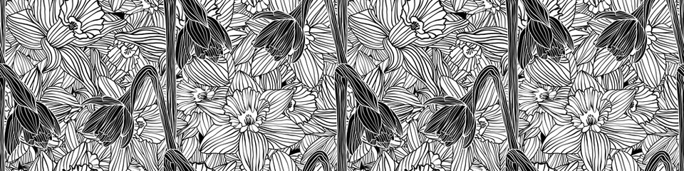 Seamless vintage hand drawn doodle daffodil flowers wallpaper pattern. Trendy woodcut line art silhouettes spring floral Easter banner backdrop. Elegant black and white panoramic botanical background.
