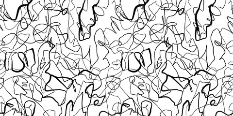 Hand drawn fun playful trendy childish squiggly doodle drawing line art pattern. Seamless abstract chaotic ink pen or marker scribble texture backdrop. Bold black lines isolated on white background.