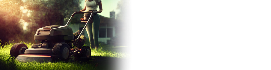 Woman mowing grass with lawnmower in park with trees in background. Concept for banner. Generative ai