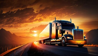 Fototapeta na wymiar Semi truck on highway at sunset, generative ai
