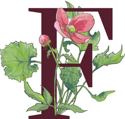 Letter F with vintage flowers, pink flower and leaves, floral alphabet
