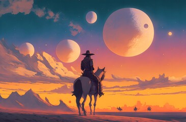 cowboy riding a horse against sunset sky with planets background, digital art style, illustration painting, Generative AI