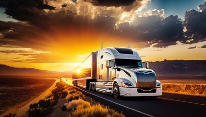 Semi truck on highway at sunset, generative ai