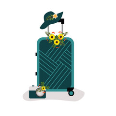 Bon voyage, stylish floral Travel bags with a beach hat and a retro camera.