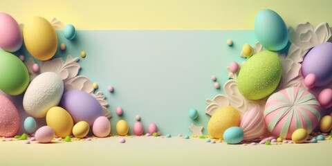 Naklejka na ściany i meble Happy Easter concept. Easter eggs decorations set in pastel colors spring floral design festive background, copy space. Holiday sale special season promotions template, AI generative.