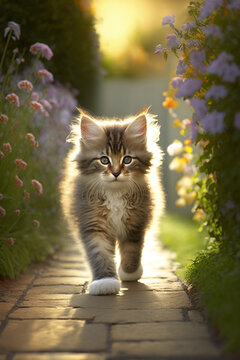 Sunlit Maine Coon Kitten walking through a Cottage Garden