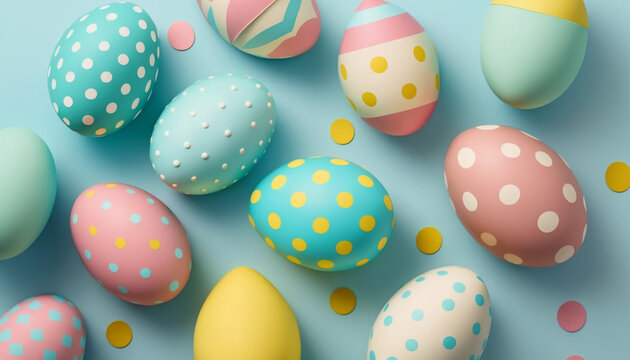 Top view of colorful easter eggs on blue background. Generative AI.