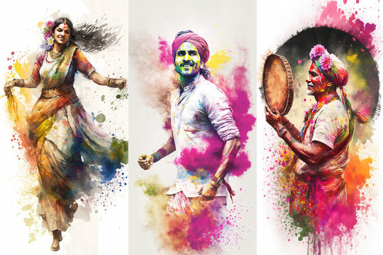 Indian people celebrating Hindu Holi Festival. Watercolor style poster illustration generated by AI.