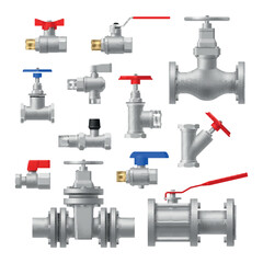 Valves and taps pipe plumbing engineering connection equipment set realistic vector illustration