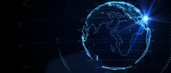 Blue futuristic background with planet Earth. Composition, representing the global, network connection, international meaning. Global social network. 3d illustration.