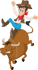 happy little cowboy riding bull at rodeo
