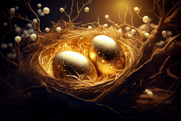 Golden eggs shine in the nest,golden light background.Investment and business concept.