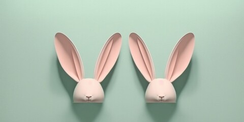 Easter bunny ears pink rabbit face modern decoration on pastel mint green background, AI generative. Happy Easter concept. Modern minimal creative style