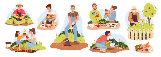 Organic gardening. People of different ages work in the garden, plant and water the plants. Eco concept. Vector illustration. - obrazy, fototapety, plakaty