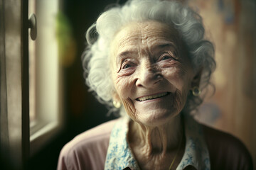 Generative ai close up portrait of senior old smiling grandmother woman