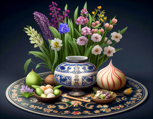 A Traditional Haft-Sin Table with Iranian Spring Decorations | Generative AI - obrazy, fototapety, plakaty