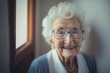 Fototapeta na wymiar Generative ai close up portrait of senior old smiling grandmother woman