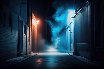 A Dark and Empty Street Scene with Neon Lights and Asphalt Floors, Smoke Floating Upwardly: Generative AI