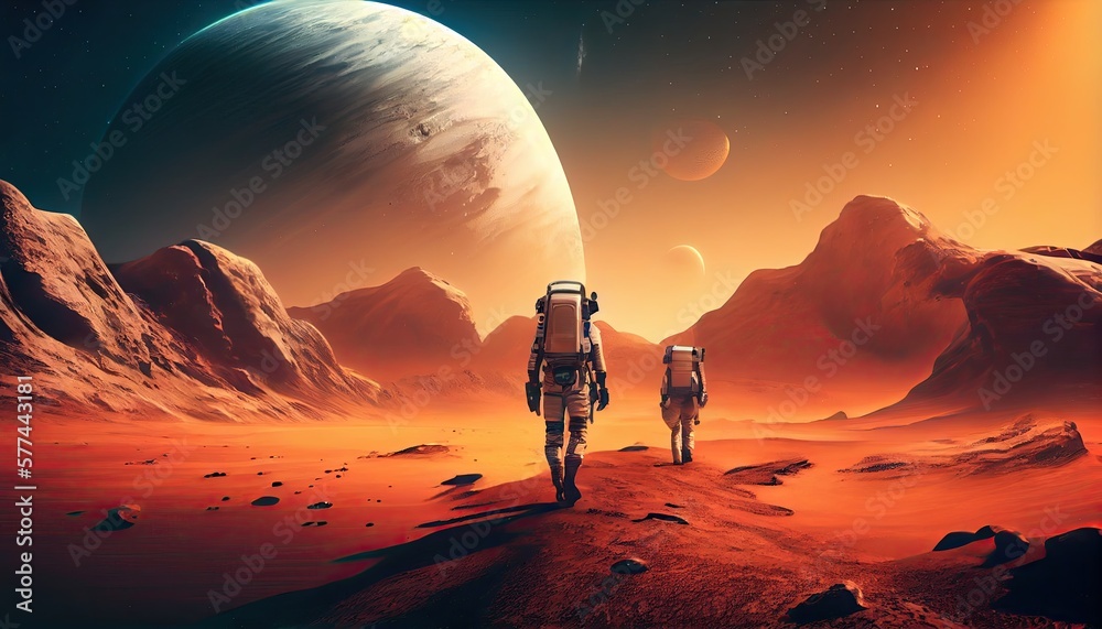 Wall mural astronauts on a journey through alien planets: exploring the cosmos of the future: generative ai