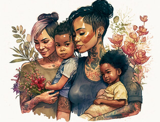 A Watercolor of a Young Lesbian Couple Celebrating Mothers Day with their Children | Generative AI