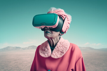 Generative ai senior woman using 3D vr goggles
