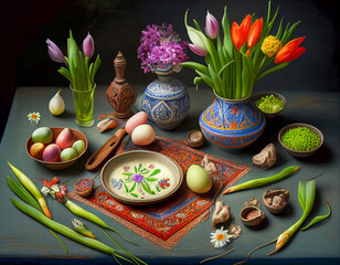 Iranian Haft-Sin Table with Spring Decorations | Generative AI - obrazy, fototapety, plakaty