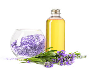 Obraz na płótnie Canvas Lavender's Spa products with lavender flowers on a white background