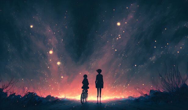 young couple look at mysterious light in the night sky, digital art style, illustration painting, Generative AI