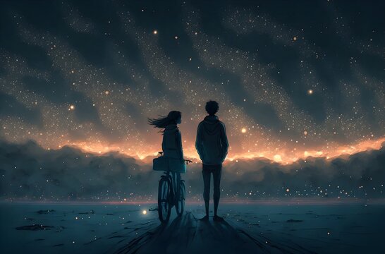 young couple look at mysterious light in the night sky, digital art style, illustration painting, Generative AI