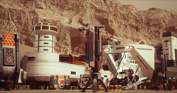 Futuristic Spaceship Landing on Mars Base. 3D Rendering
