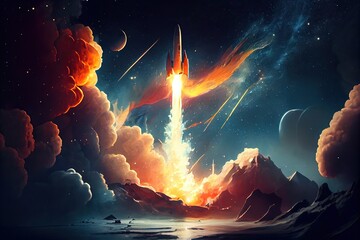 The Midnight Launch: Rocket Takes Off into the Unknown Fantasy Universe: Generative AI - obrazy, fototapety, plakaty