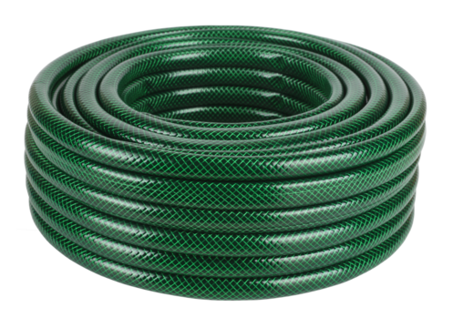Coiled flexible tube watering garden hose hosepipe isolated on white background