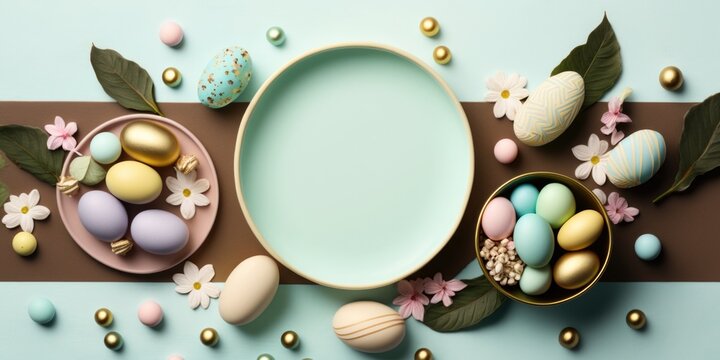 Happy Easter concept. Easter eggs decorations in spring colors design festive 3d background with mock up template empty space for ads. Holiday sale special season promotions, mockup, AI generative.