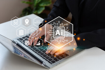 Businessman using laptop with AI tech auto insurance service concept, insurance data management,...