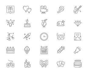 Fototapeta premium Celebration, birthday, linear icons. Vector illustration.