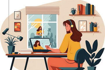 Fototapeta na wymiar Flat vector illustration Young female student studying online with laptop, working remotely from home with laptop, watching webinar, learning web training online, sitting at desk working video call, w