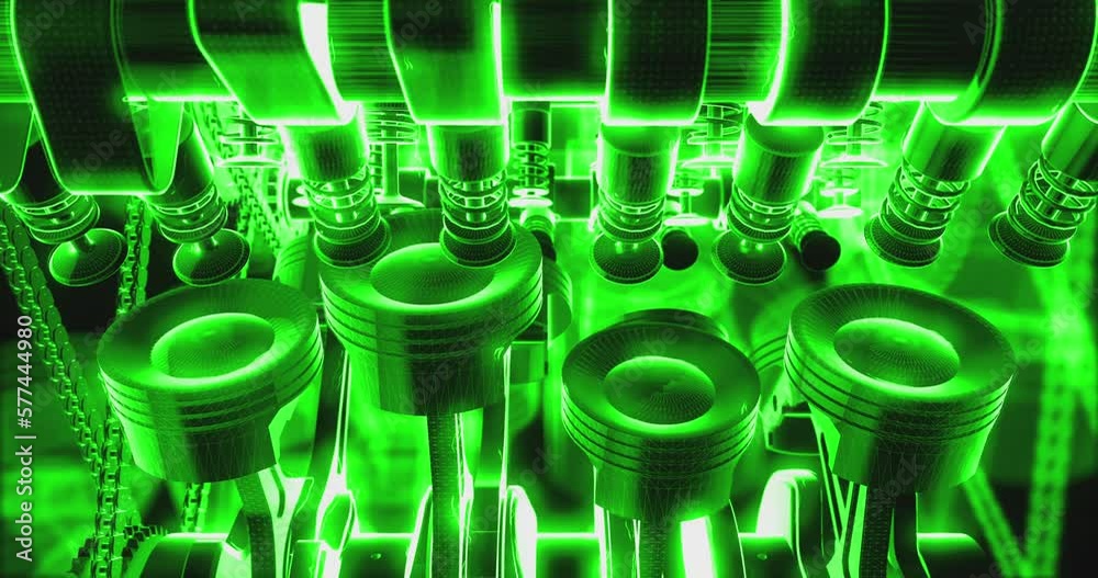 Poster Shiny chrome V8 engine working and generating power in slow motion. Industry related 4k animation.