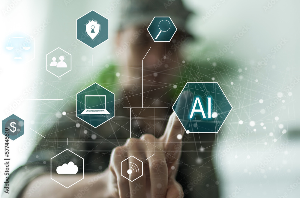 Poster hand touching digital chatbot for provide access to information and data in online network, robot ap