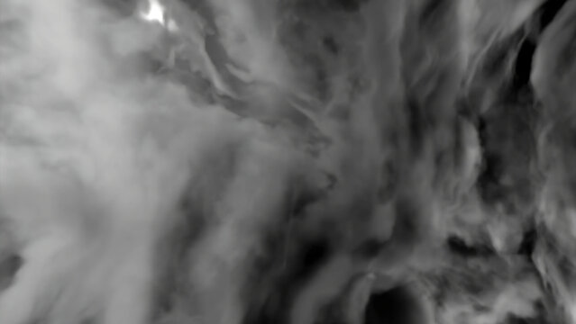 Flying through beautiful stormy thick fluffy clouds. Design. Amazing abstract clouds moving slowly with flashing lightning.