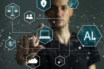 Hand touching digital chatbot for provide access to information and data in online network, robot application and global connection, AI, Artificial intelligence, innovation and technology