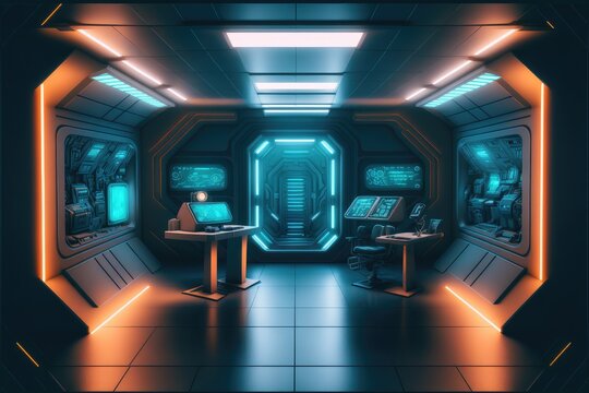 Abstract in futuristic interior architecture of spaceship with power generative technology. Concept of control room with neon color light outer space. Finest generative AI.