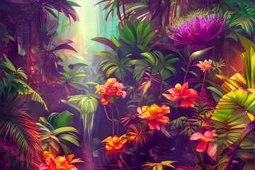 Tropical Dreamscape: A Sharp and Detailed Painting of an Exotic Jungle with Blossoms and Light Effects